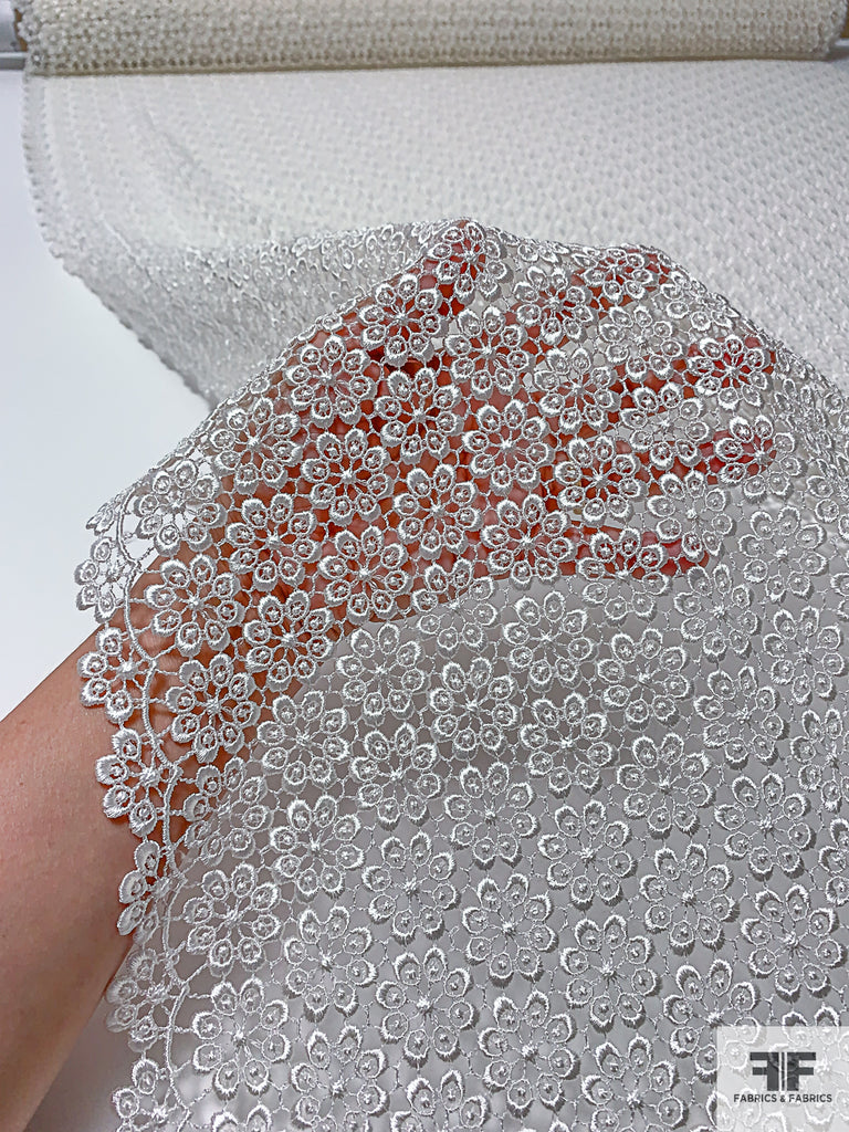Guipure Lace Floral Appliqué Scalloped Edge with Sequined Accents & Sheer Mesh Ground