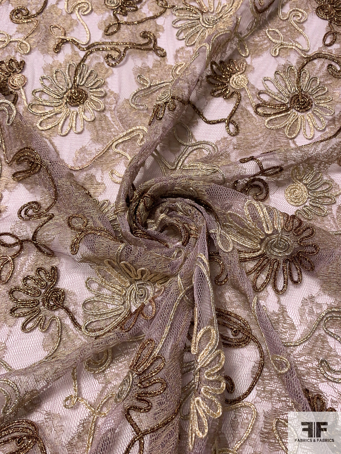 Metallic Netting with Floral Embroidery and Cording - Dusty Lavender / Gold / Brown