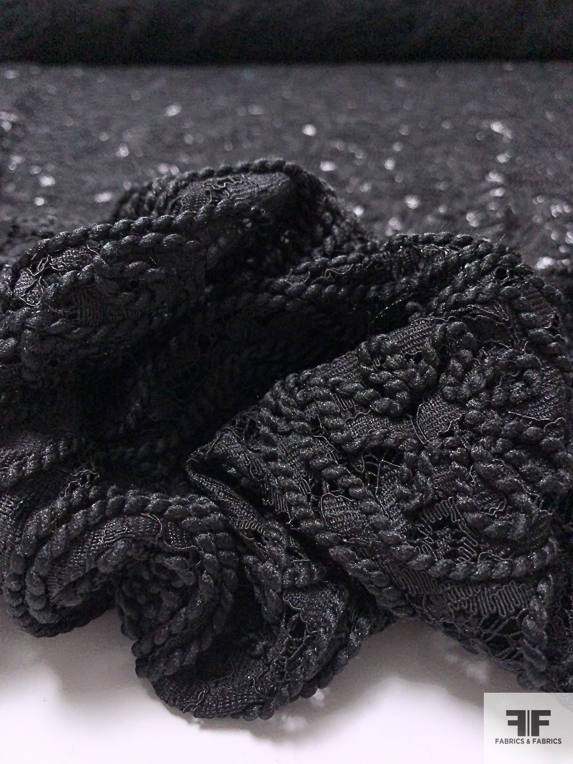 Stitched Braid on Floral Lace - Black