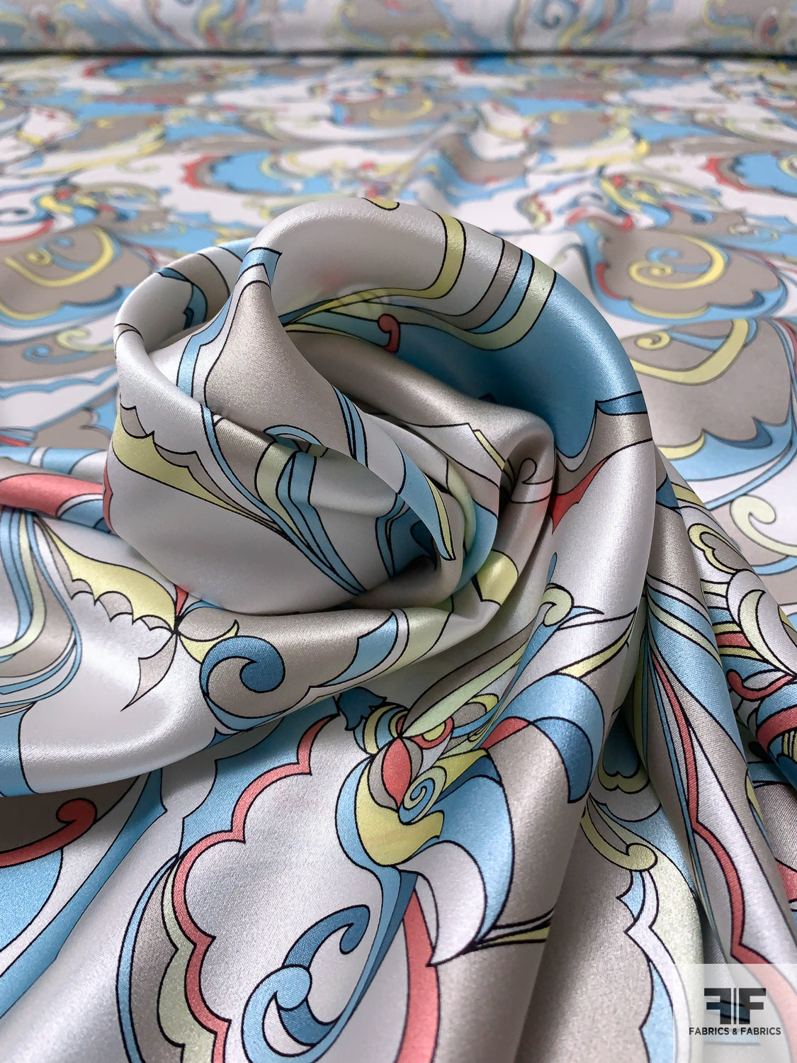 Pucci-esque Paisley-Like Printed Silk Charmeuse - Sky Blue / Coral / Yellow / Light Grey