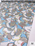 Pucci-esque Paisley-Like Printed Silk Charmeuse - Sky Blue / Coral / Yellow / Light Grey