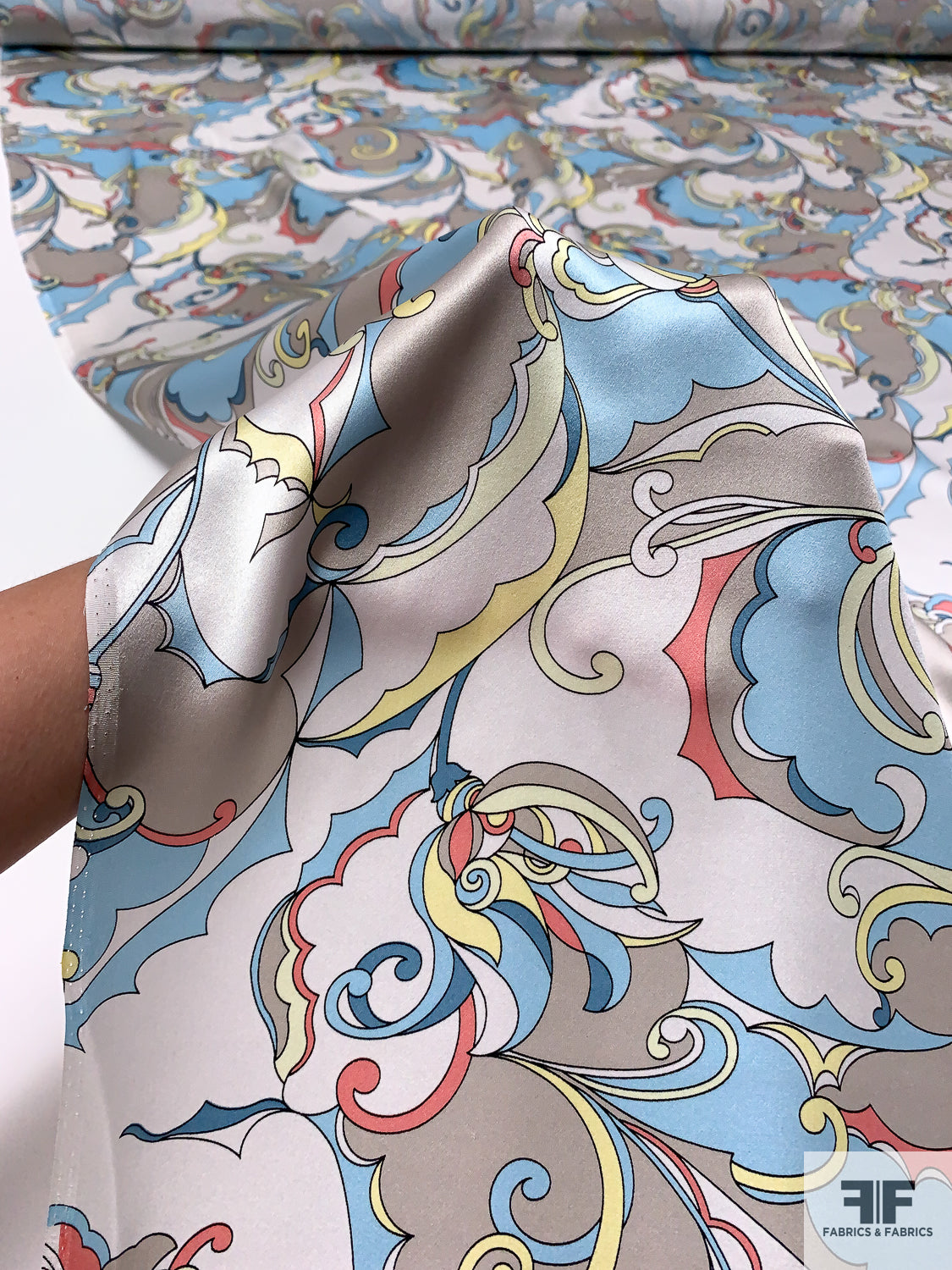 Pucci-esque Paisley-Like Printed Silk Charmeuse - Sky Blue / Coral / Yellow / Light Grey