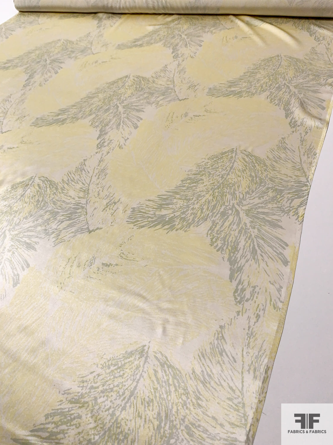 Feathery Leaf Printed Silk Charmeuse - Light Yellow / Sage