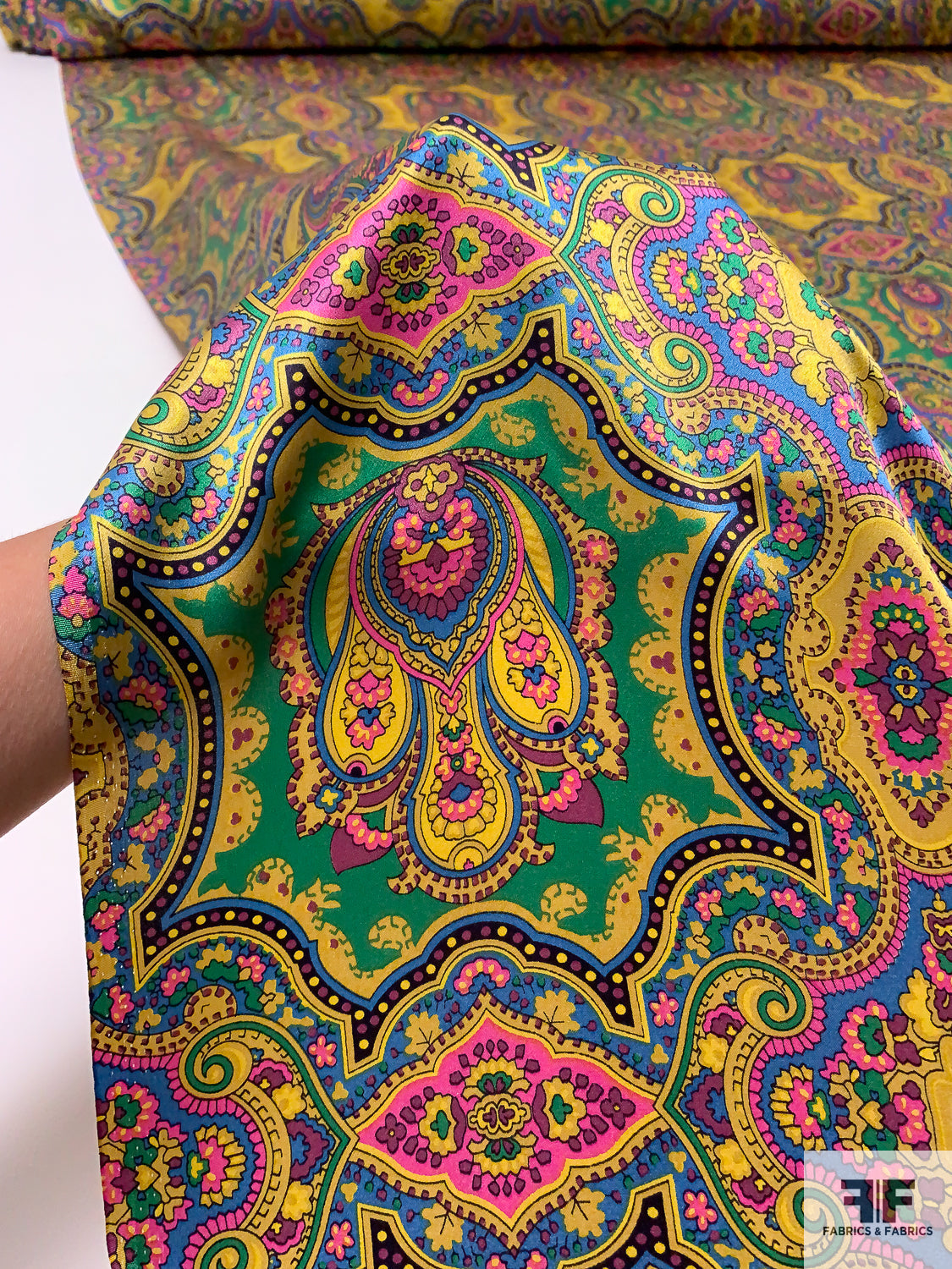 Ornate Paisley Printed Silk Charmeuse - Yellow / Green / Pink / Blue
