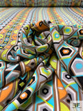 Geometric Stripe Matte-Side Printed Silk Charmeuse - Aquamarine / Lime / Orange / Tan / Black