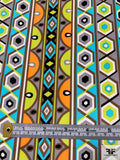 Geometric Stripe Matte-Side Printed Silk Charmeuse - Aquamarine / Lime / Orange / Tan / Black