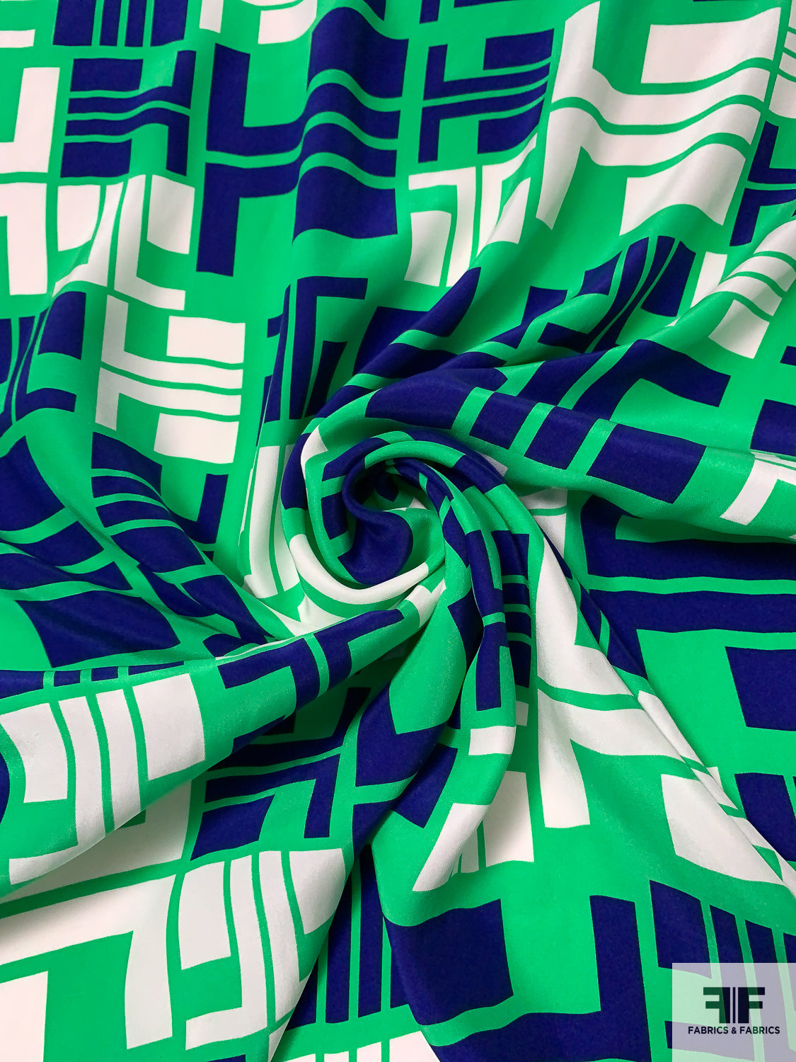 Geometric Matte-Side Printed Silk Charmeuse - Green / Royal Blue / Off-White