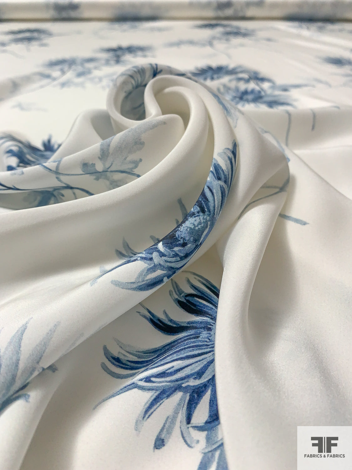 Ethereal Floral Matte-Side Printed Silk Charmeuse - Off-White / Blue