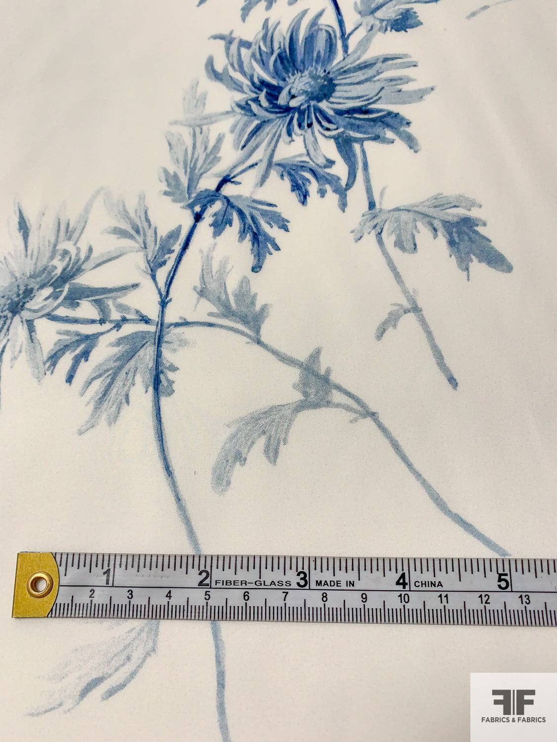 Ethereal Floral Matte-Side Printed Silk Charmeuse - Off-White / Blue