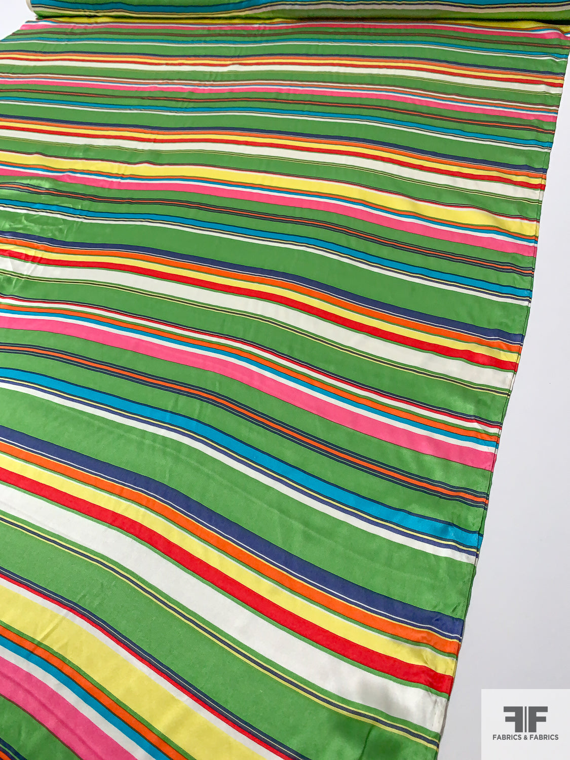 Multicolor Horizontal Striped Printed Silk Charmeuse - Green / Pink / Yellow / Orange