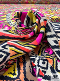 Swirving Ikat Matte-Side Printed Silk Charmeuse - Hot Pink / Yellow / Hot Coral / Navy
