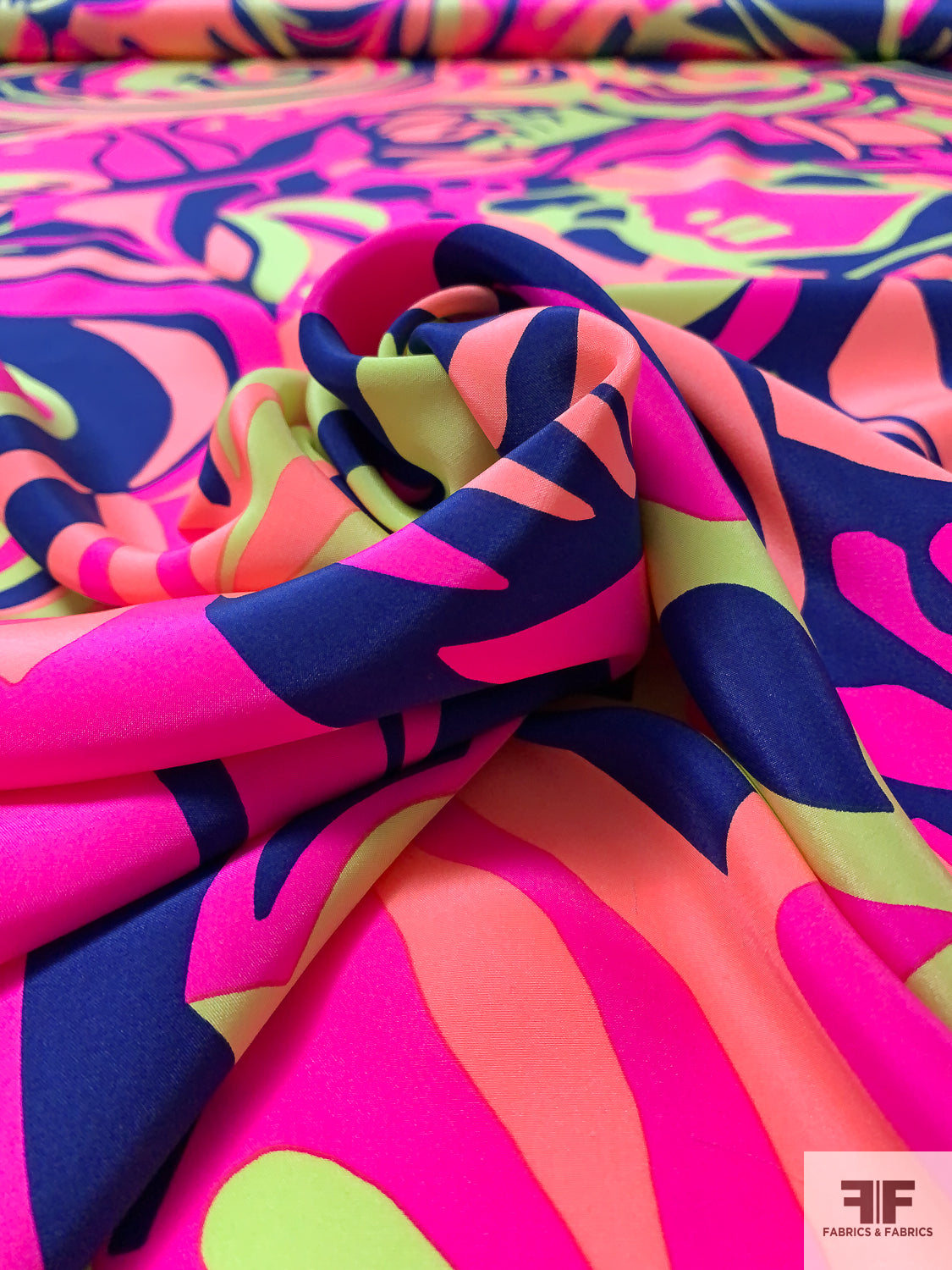 Artsy Abstract Matte-Side Printed Silk Charmeuse - Hot Pink / Neon Coral / Highlighter Yellow / Navy