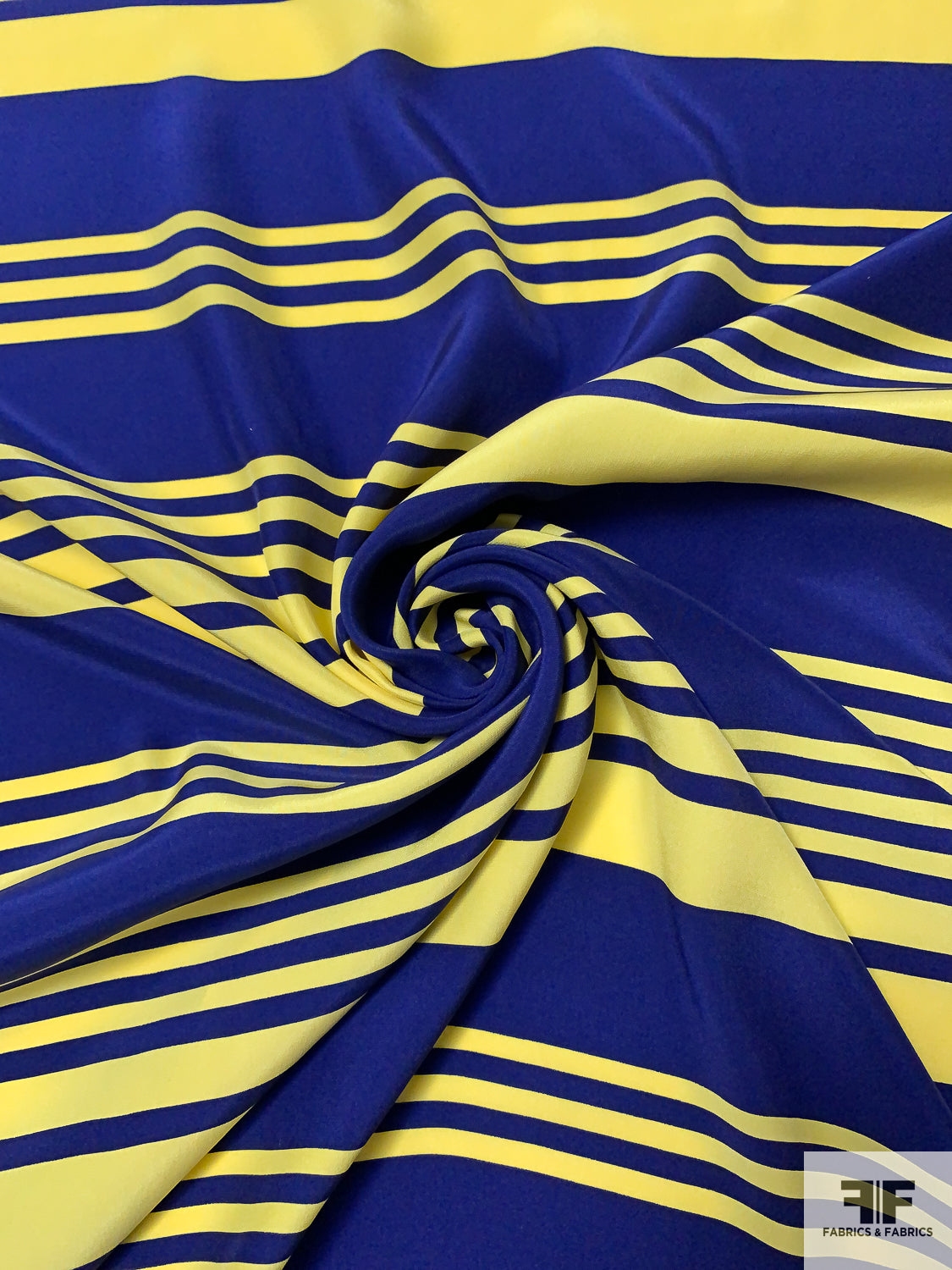Horizontal Striped Matte-Side Printed Silk Charmeuse - Navy / Yellow