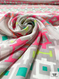 Modern Geometric Matte-Side Printed Silk Charmeuse - Highlighter Shades / Light Grey / Off-White