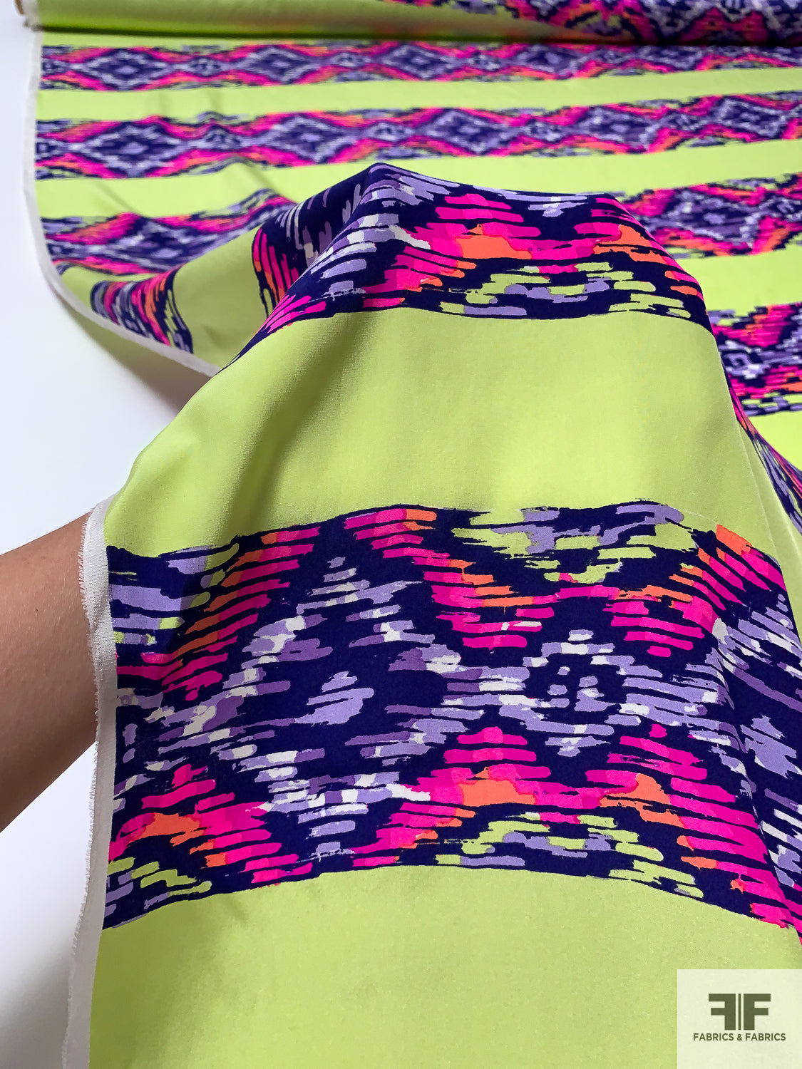 Painterly Ikat-Striped Matte-Side Printed Silk Charmeuse - Highlighter Lime / Purples / Neon Pinks
