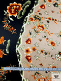 Follow the Rose Road Printed Silk Charmeuse - Black / Orange / Beige / Greens