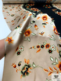 Follow the Rose Road Printed Silk Charmeuse - Black / Orange / Beige / Greens