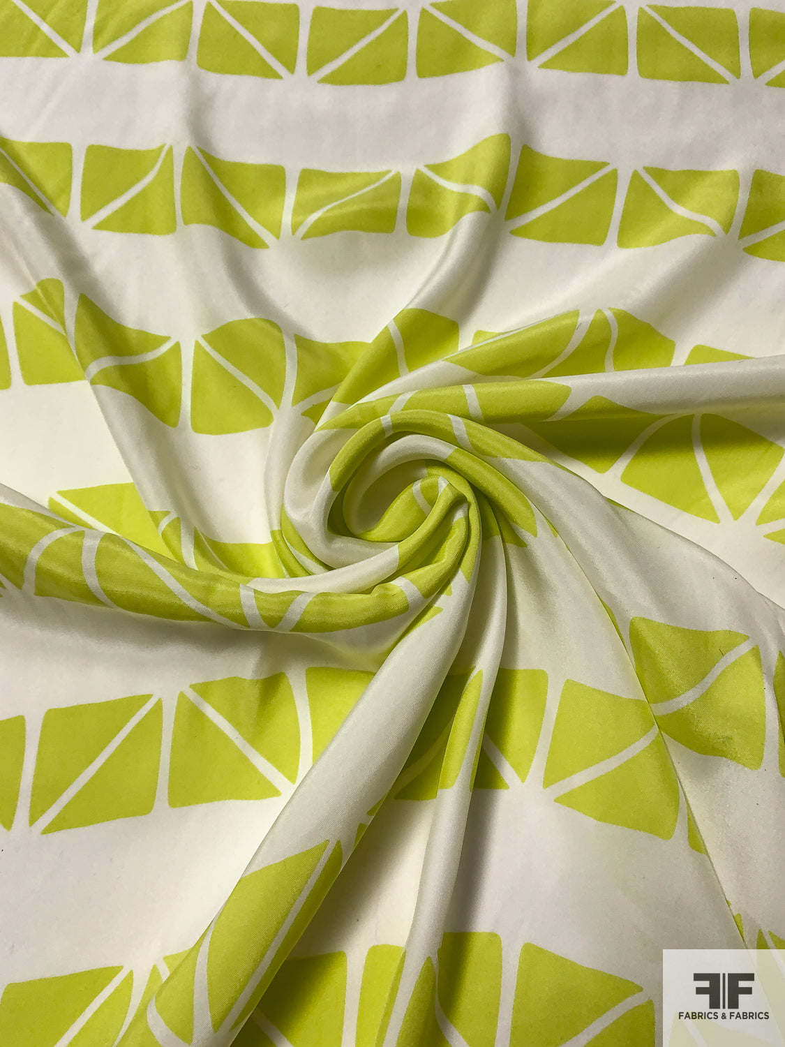 Fabric Triangular Pod Triangular Squares Matte-Side Printed Silk Charmeuse - Lime/Off-White ...