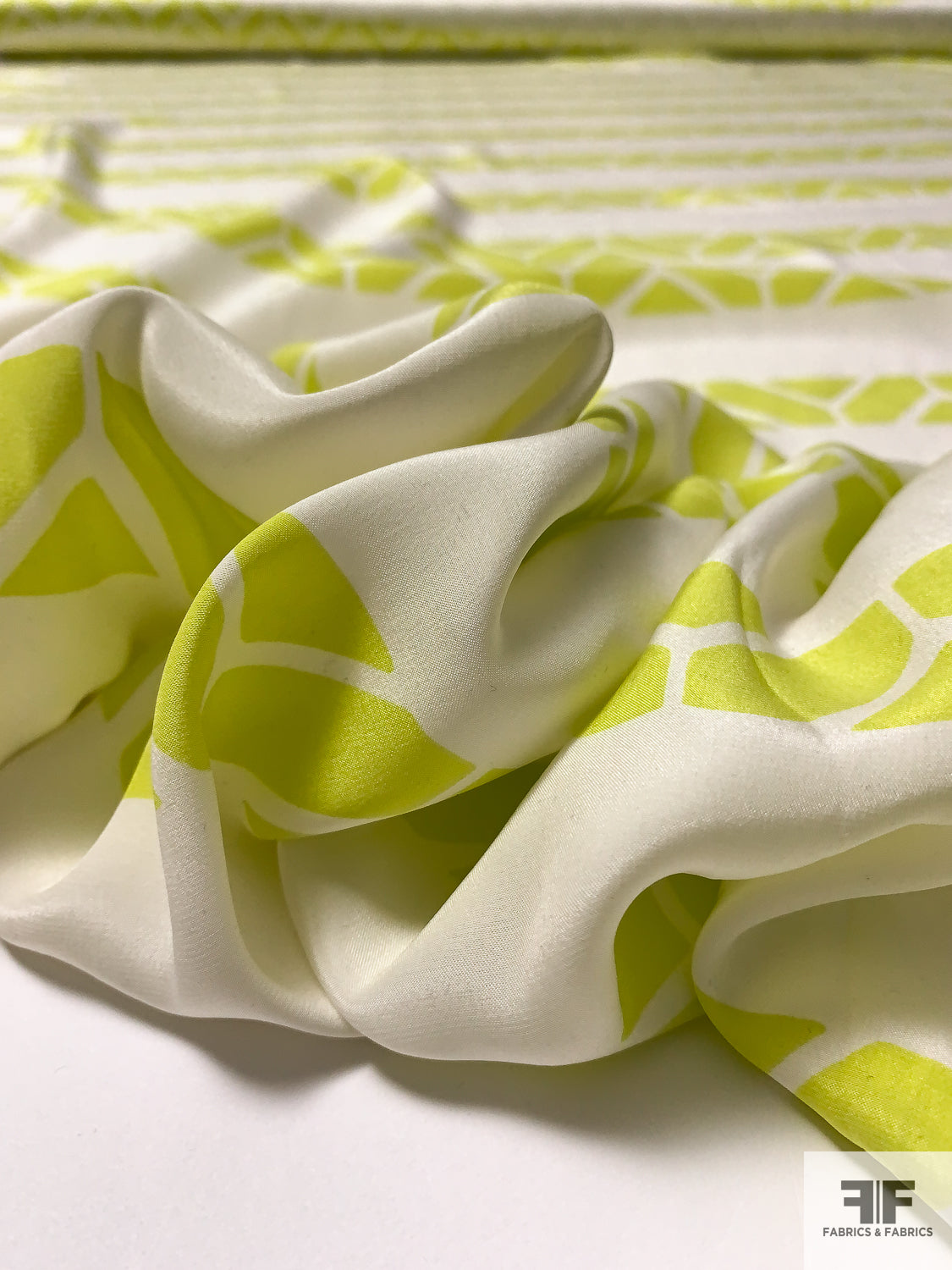 Geometric Striped Matte-Side Printed Silk Charmeuse - Lime / Off-White