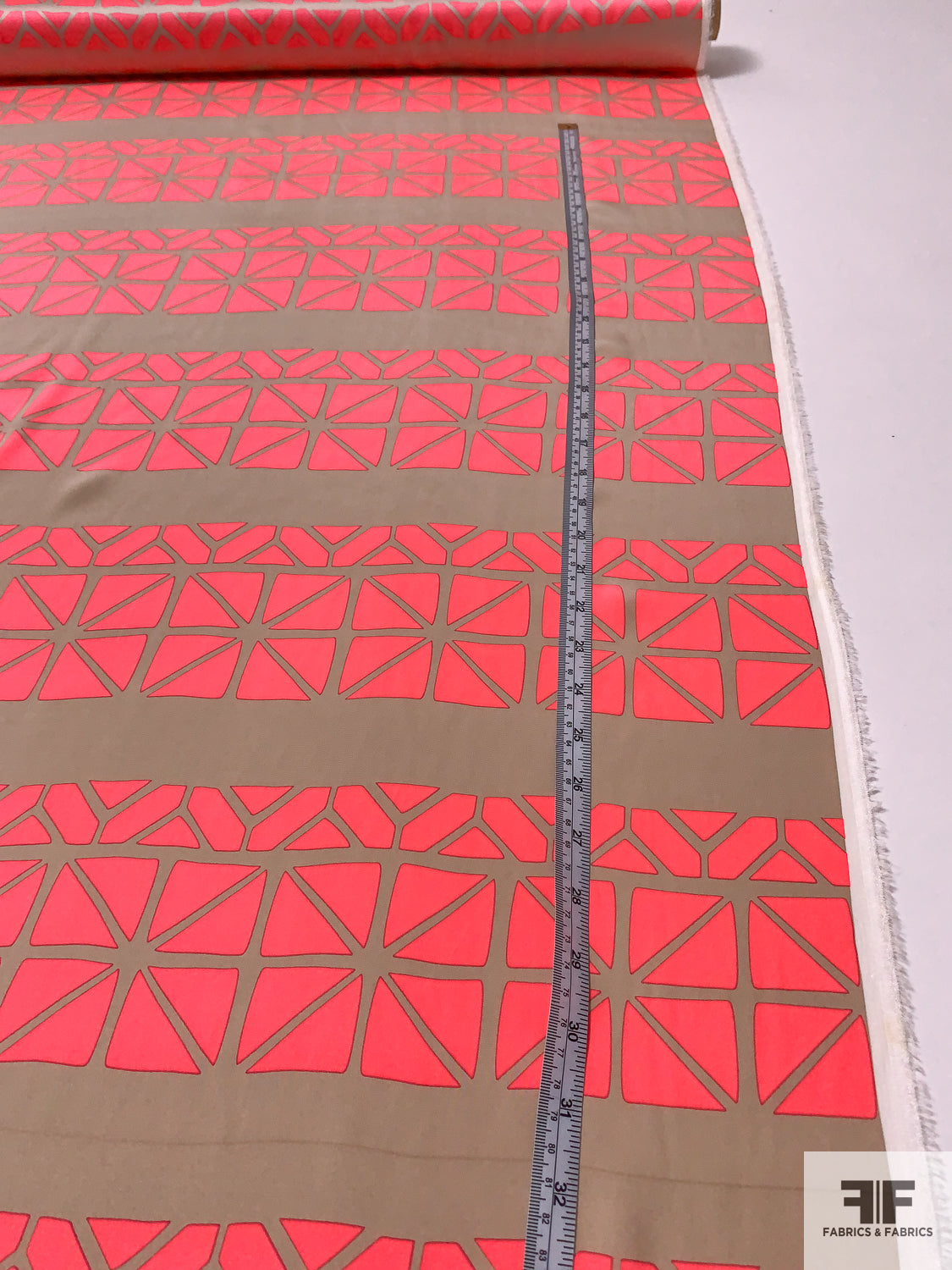 Geometric Striped Matte-Side Printed Silk Charmeuse Panel - Neon Coral / Tan