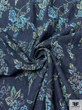 Floral Denim-Look Brocade - Denim Blue / Sky Blue / Greens
