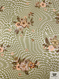 Hypnotic and Floral Printed Silk Charmeuse - Olive Green / Peach / Browns / Turquoise