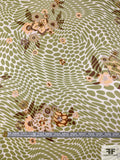 Hypnotic and Floral Printed Silk Charmeuse - Olive Green / Peach / Browns / Turquoise