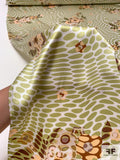 Hypnotic and Floral Printed Silk Charmeuse - Olive Green / Peach / Browns / Turquoise