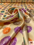 Painterly Dandelion-Like Printed Silk Charmeuse - Eggnog / Violet / Orange / Teal