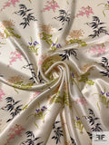 Floral and Leaf Stems Printed Silk Charmeuse - Ivory / Black / Caramel / Olive Green