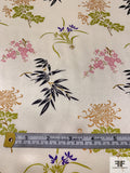 Floral and Leaf Stems Printed Silk Charmeuse - Ivory / Black / Caramel / Olive Green