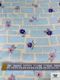 Bricks and Floral Printed Silk Charmeuse - Sky Blue / Purples / Light Ecru