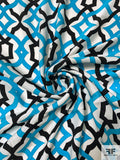 Lattice Matte-Side Printed Silk Charmeuse - Turquoise / Black / Off-White