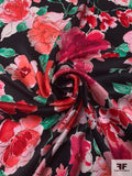 Watercolor Floral Printed Slightly Sheer Silk Charmeuse - Cranberry / Berry Pinks / Sea Green / Black