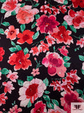 Watercolor Floral Printed Slightly Sheer Silk Charmeuse - Cranberry / Berry Pinks / Sea Green / Black