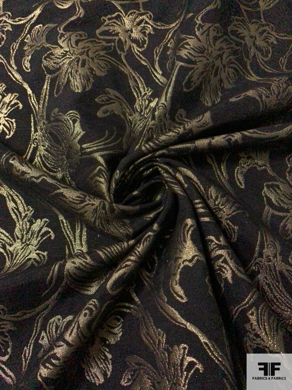 Vine Floral Metallic Brocade - Antique Gold / Black - Fabric by the Yard