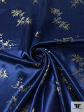 Fine Floral Oriental Satin Jacquard Brocade - Navy Blue / Light Gold