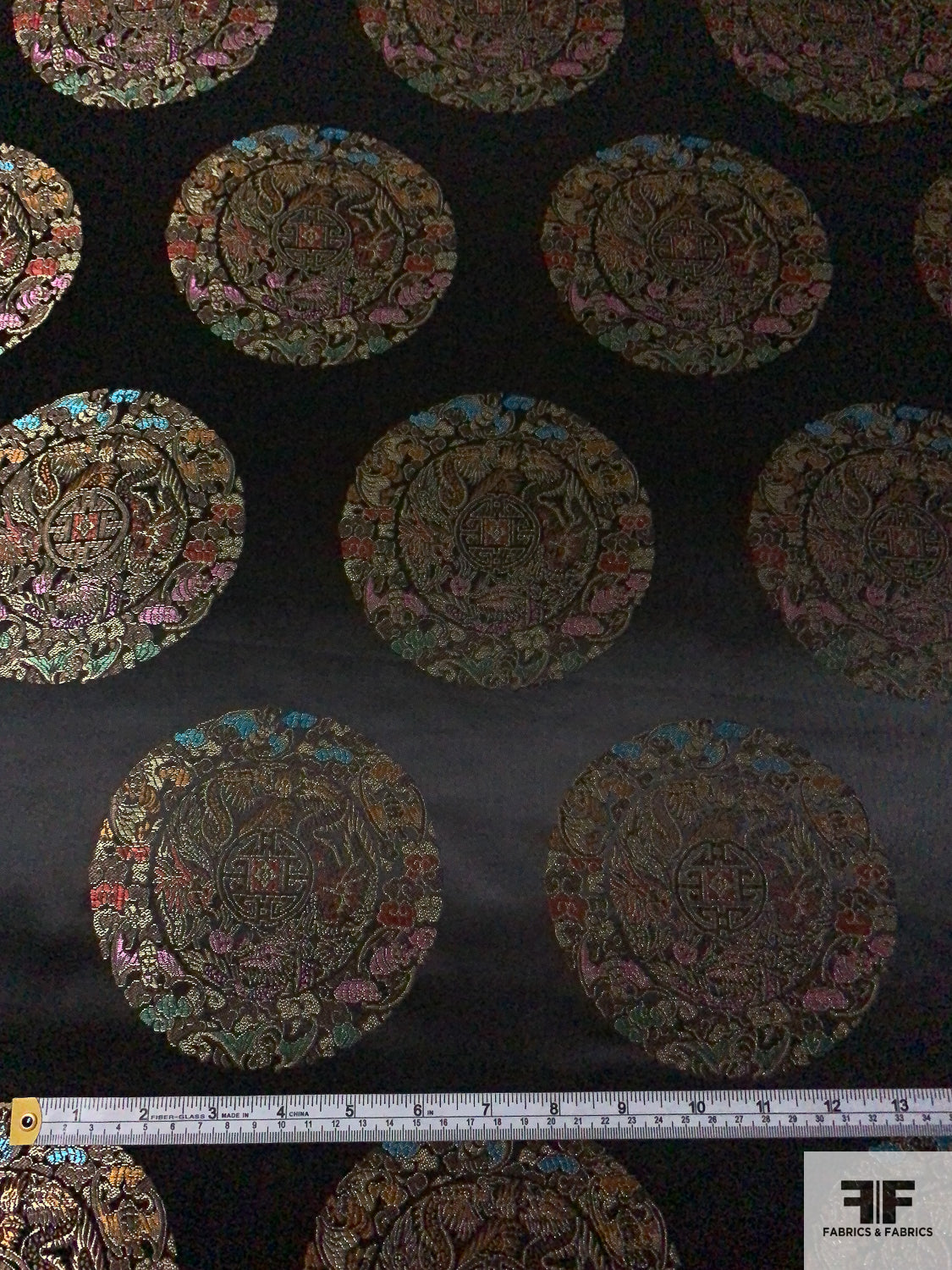 Ornate Circular Discs Oriental Satin Jacquard Brocade - Black / Light Gold / Multicolor