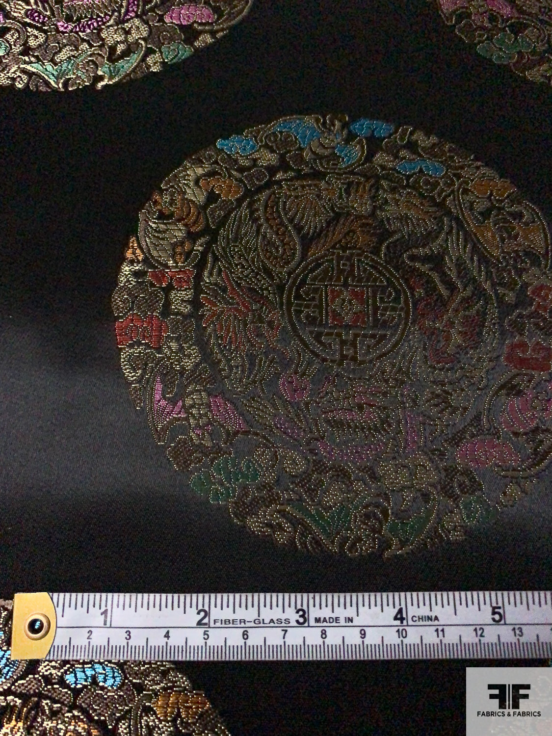 Ornate Circular Discs Oriental Satin Jacquard Brocade - Black / Light Gold / Multicolor