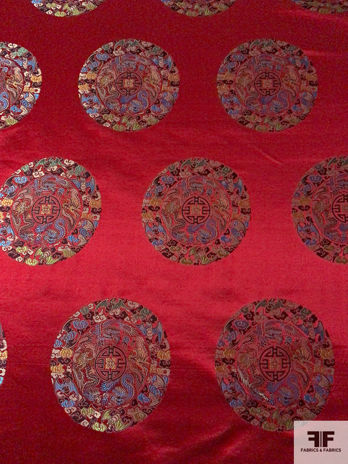 Ornate Circular Discs Oriental Satin Jacquard Brocade - Red / Navy / Blue / Gold