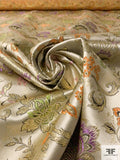 Exotic Floral Oriental Satin Jacquard Metallic Brocade - Light Gold / Gold / Lime / Black / Orange