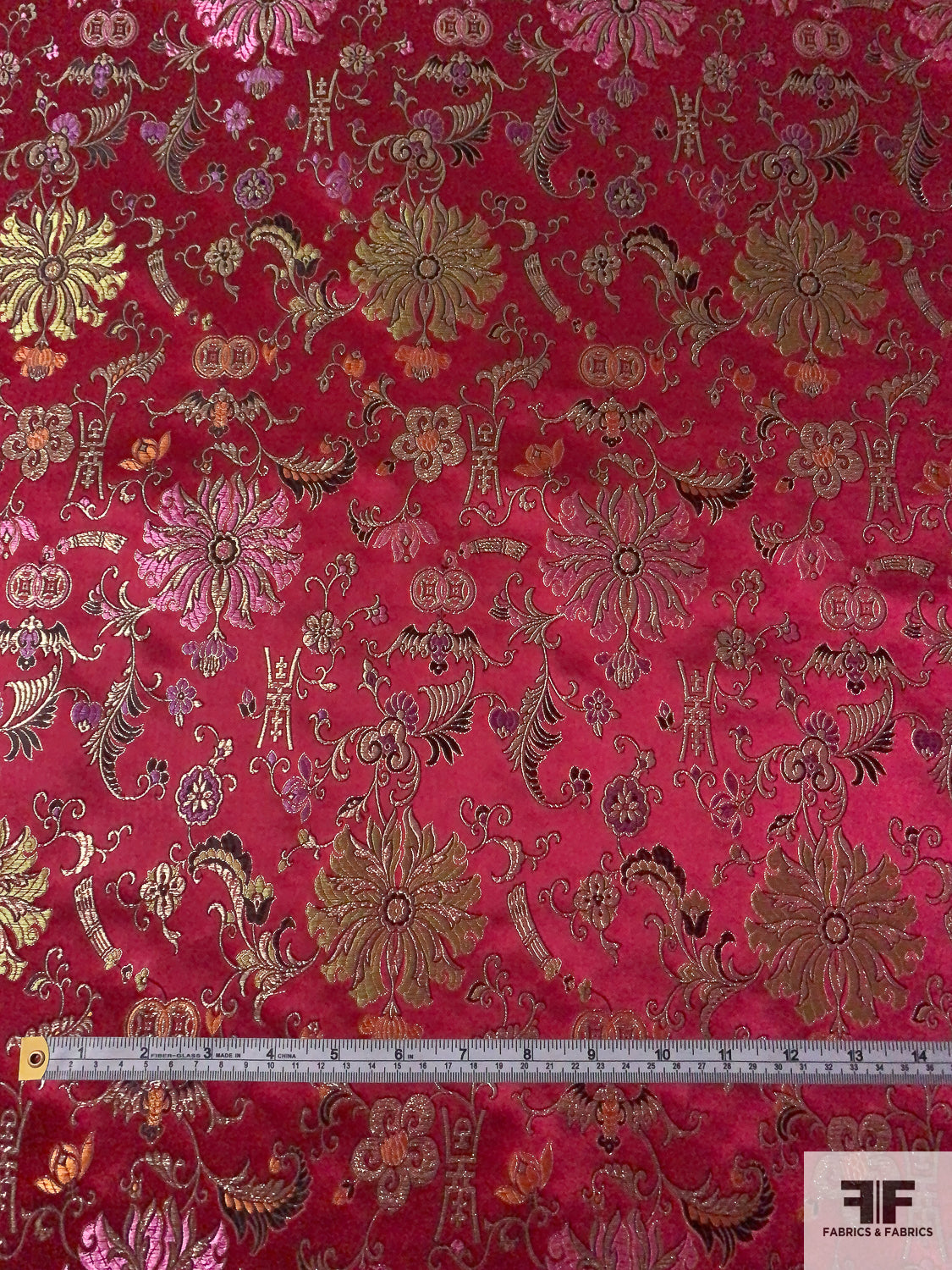 Exotic Floral Oriental Satin Jacquard Metallic Brocade - Red / Gold / Black  / Violet / Lime