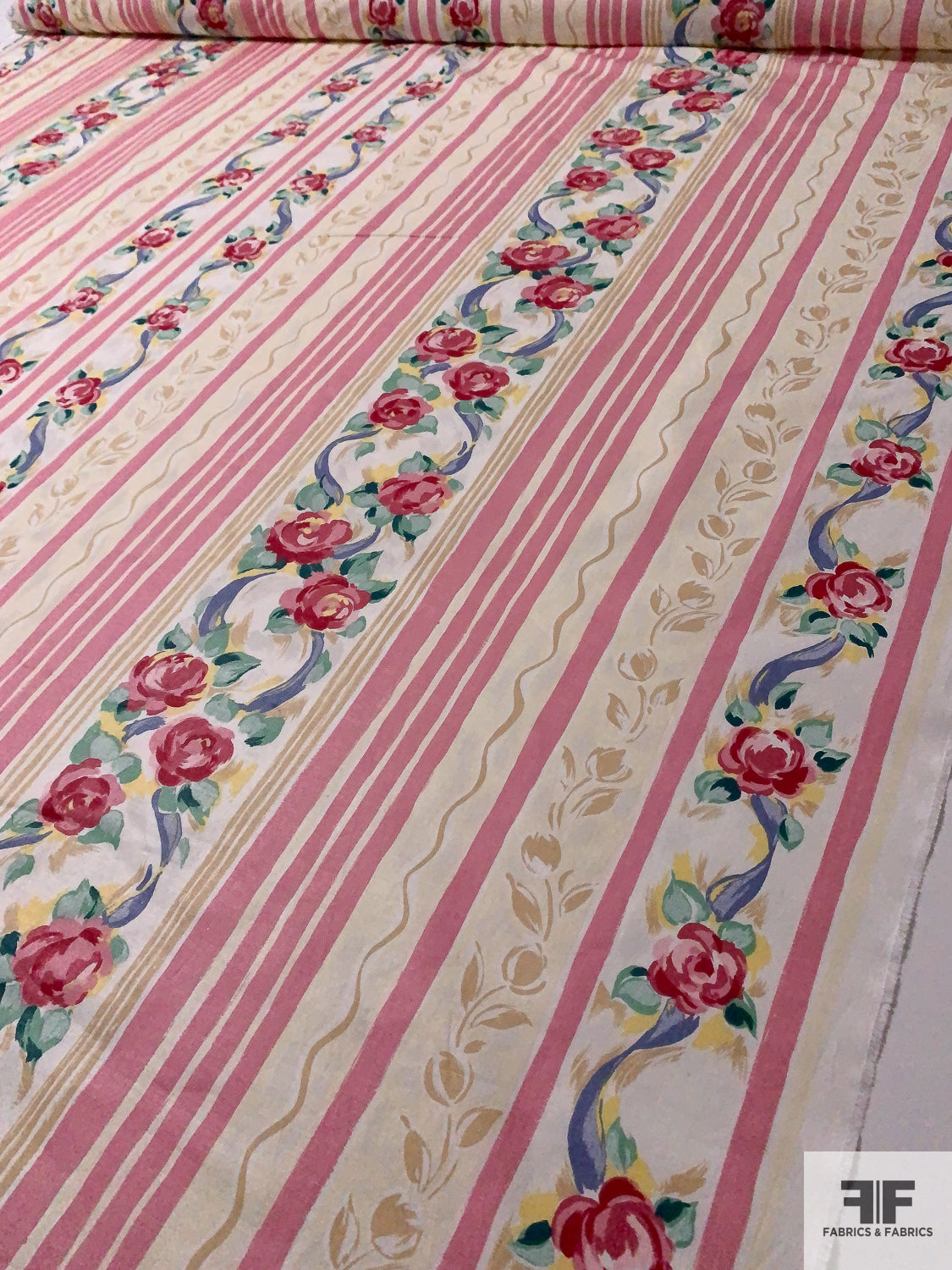 Painterly Floral Striped Printed Cotton Chintz - Dusty Pink / Beige / Multicolor