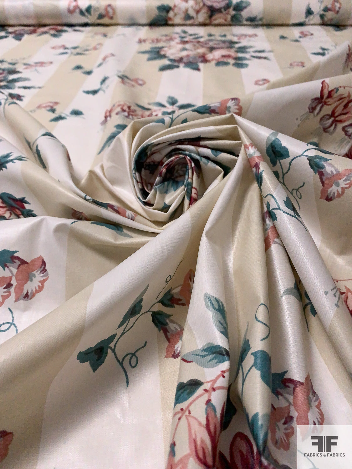 Floral Bouquets and Striped Printed Cotton Chintz - Dusty Teal / Dusty Rose / Beige / Off-White
