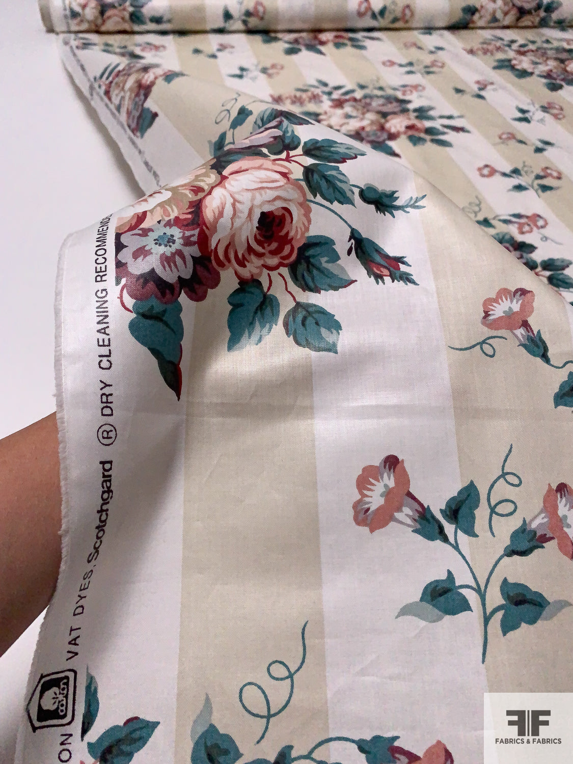 Floral Bouquets and Striped Printed Cotton Chintz - Dusty Teal / Dusty Rose / Beige / Off-White