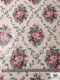 Floral Leaf Grid Printed Cotton Chintz - Light Ivory / Green / Dusty Pinks / Soft Blue