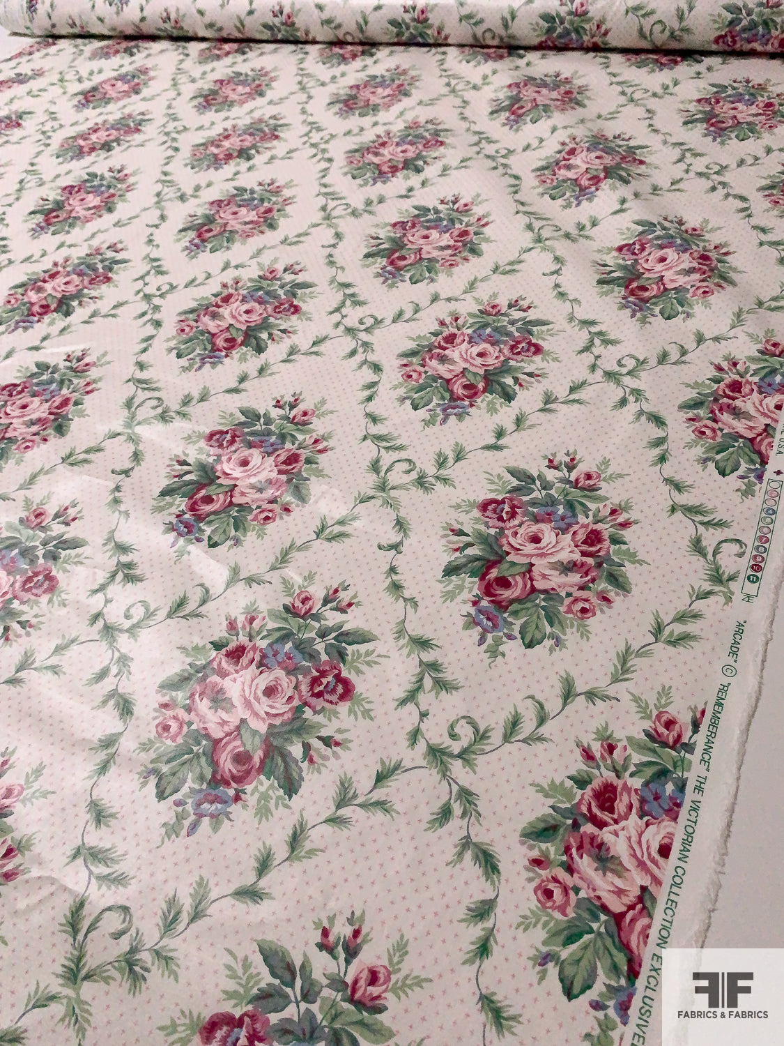 Floral Leaf Grid Printed Cotton Chintz - Light Ivory / Green / Dusty Pinks / Soft Blue