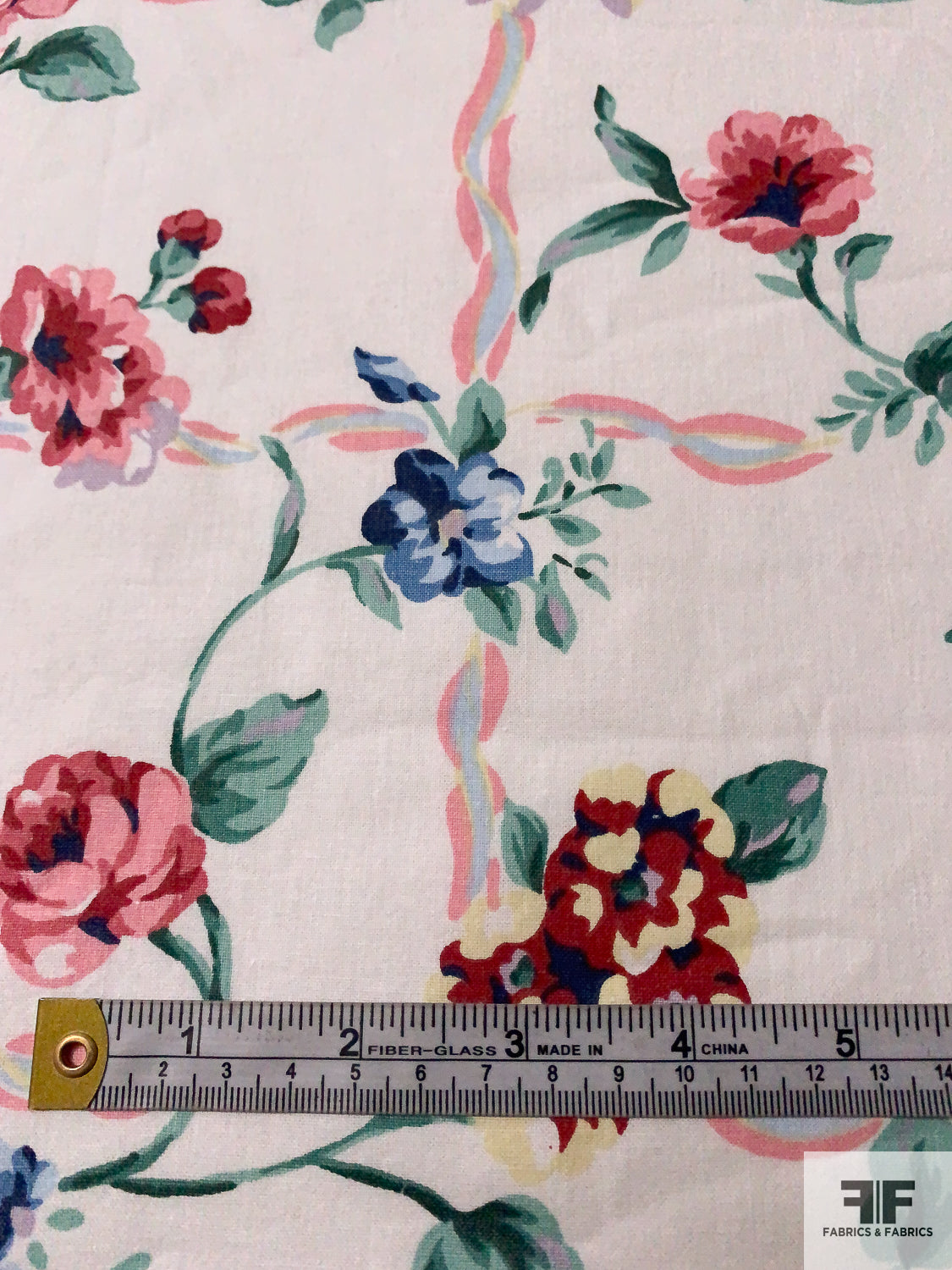 Painterly Floral Vine Grid Printed Cotton Lawn - Off-White / Dusty Green / Pinks / Reds