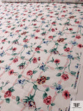 Painterly Floral Vine Grid Printed Cotton Lawn - Off-White / Dusty Green / Pinks / Reds