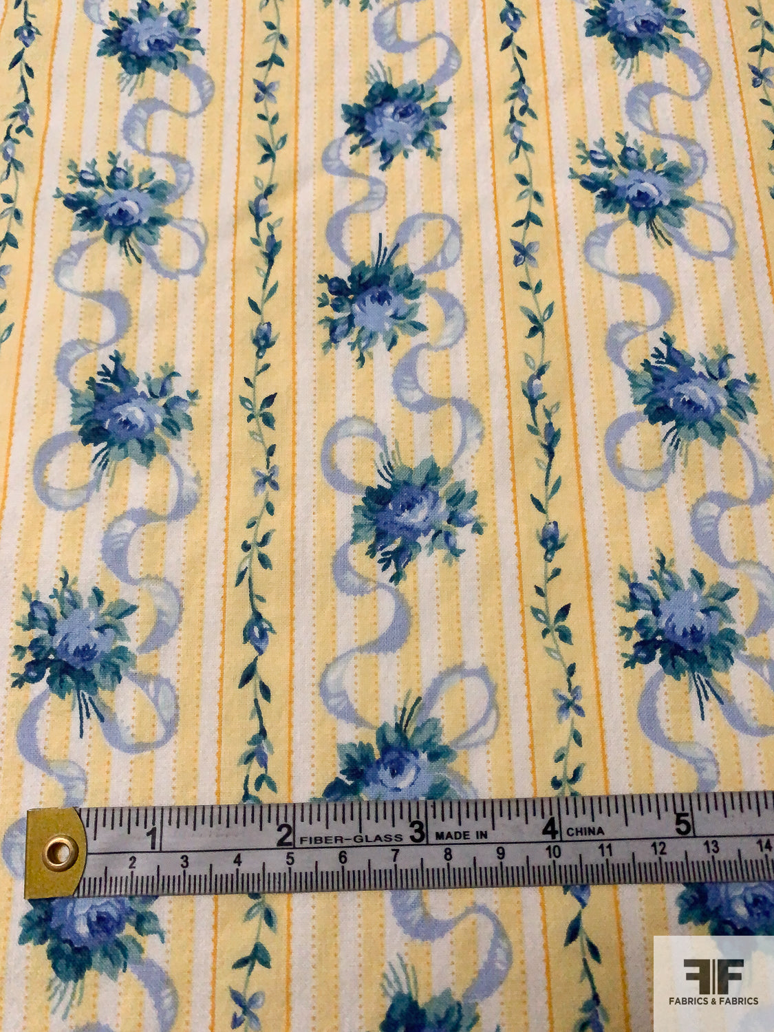 Floral Striped Printed Cotton Lawn - Yellow / Blues / Green / Off-White